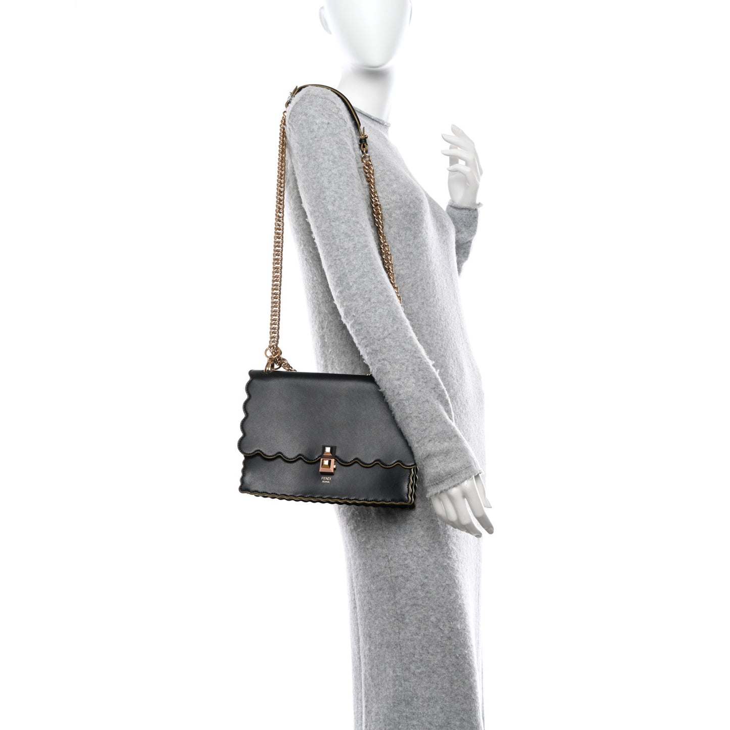 Vitello Liberty Scalloped Studded Kan I Shoulder Bag Black