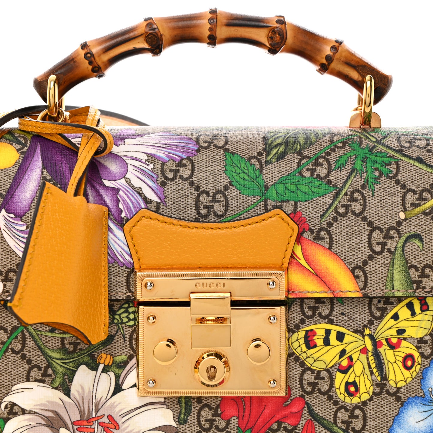 GG Supreme Monogram Flora Small Padlock Bamboo Shoulder Bag Beige Multicolor Crop