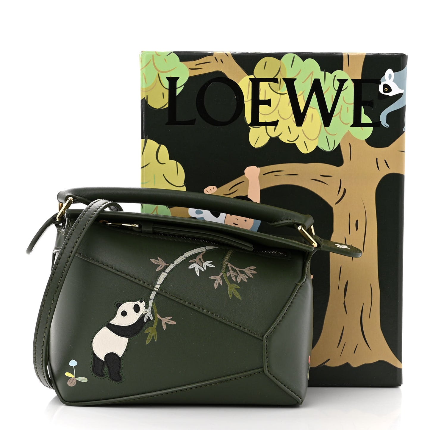 X SUNA FUJITA Satin Calfskin Mini Pandas Puzzle Edge Bag Bottle Green