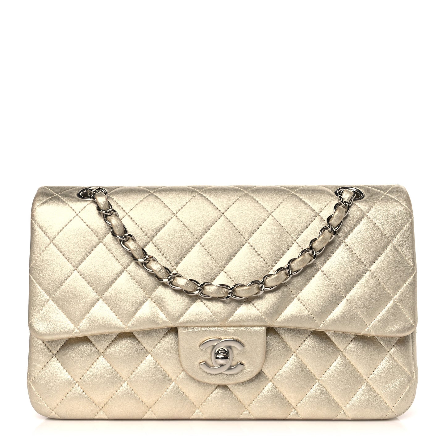 Metallic Lambskin Quilted Medium Double Flap Gold