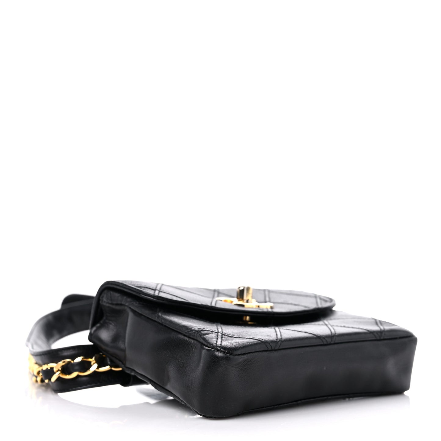 Calfskin Quilted Flap Waist Belt Bag Black