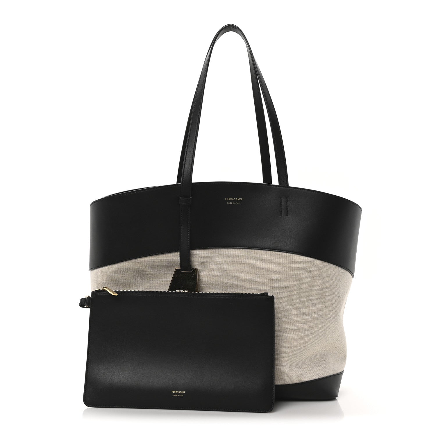 Salvatore Ferragamo Canvas Calfskin Medium Charming Tote Natural Black 3 of 10