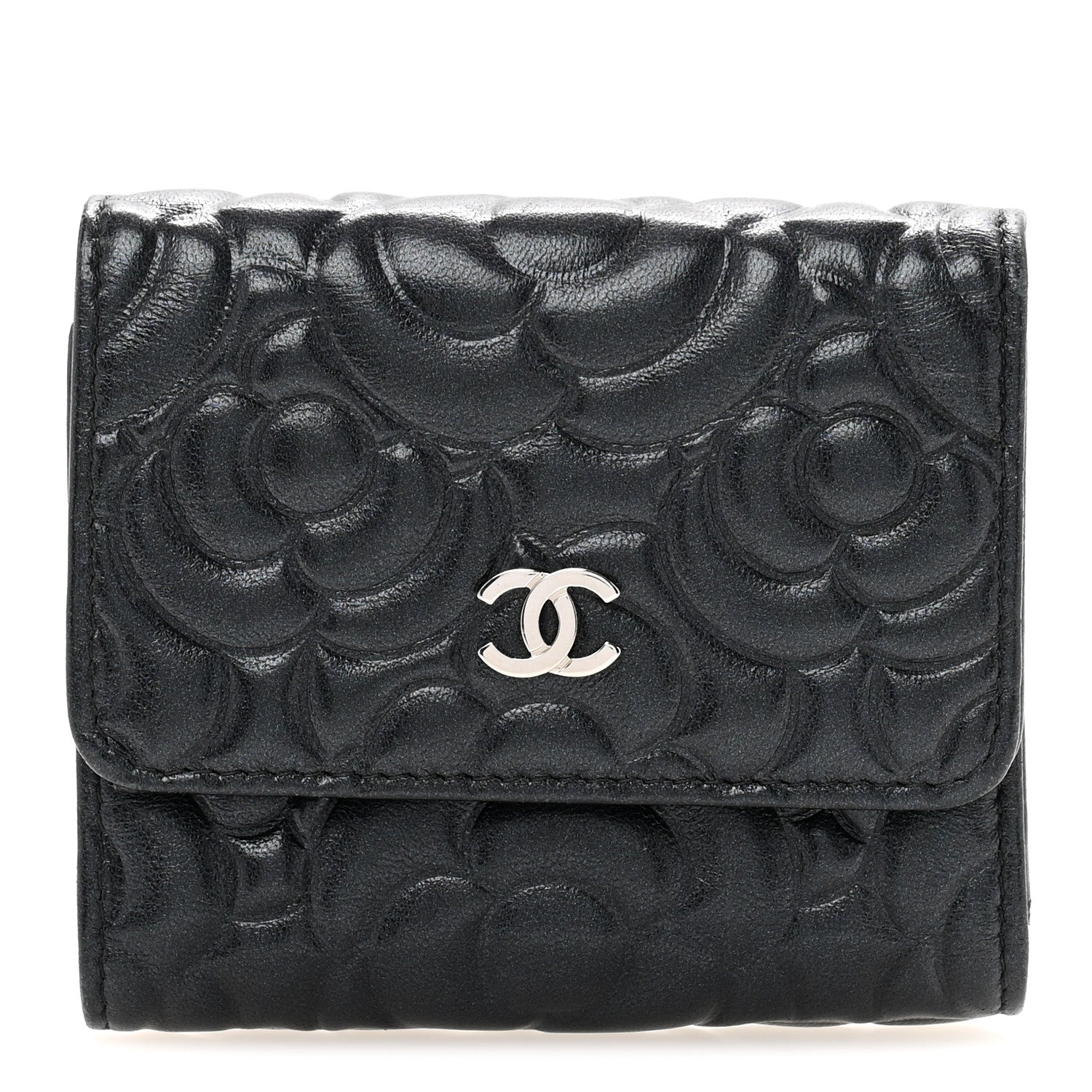Chanel Lambskin Camellia Embossed Small Double Wallet Black 1 of 11