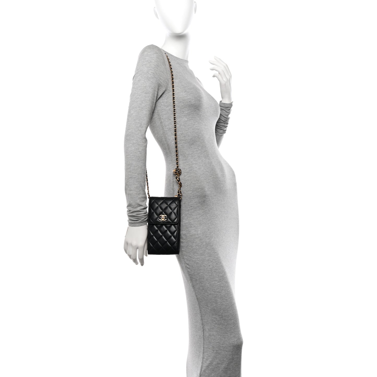 Lambskin Quilted Pearl Crush Phone Holder With Chain Black