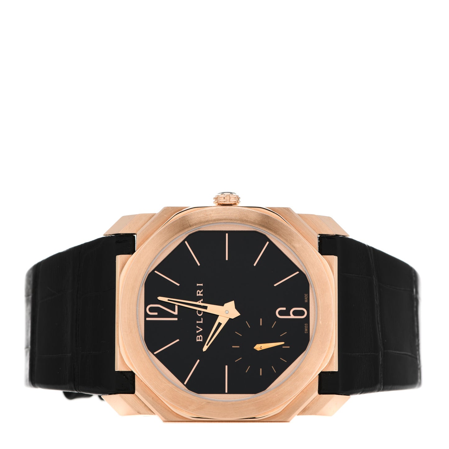 18K Rose Gold Alligator 40mm Octo Finissimo Extra Thin Manual Winding Watch Black