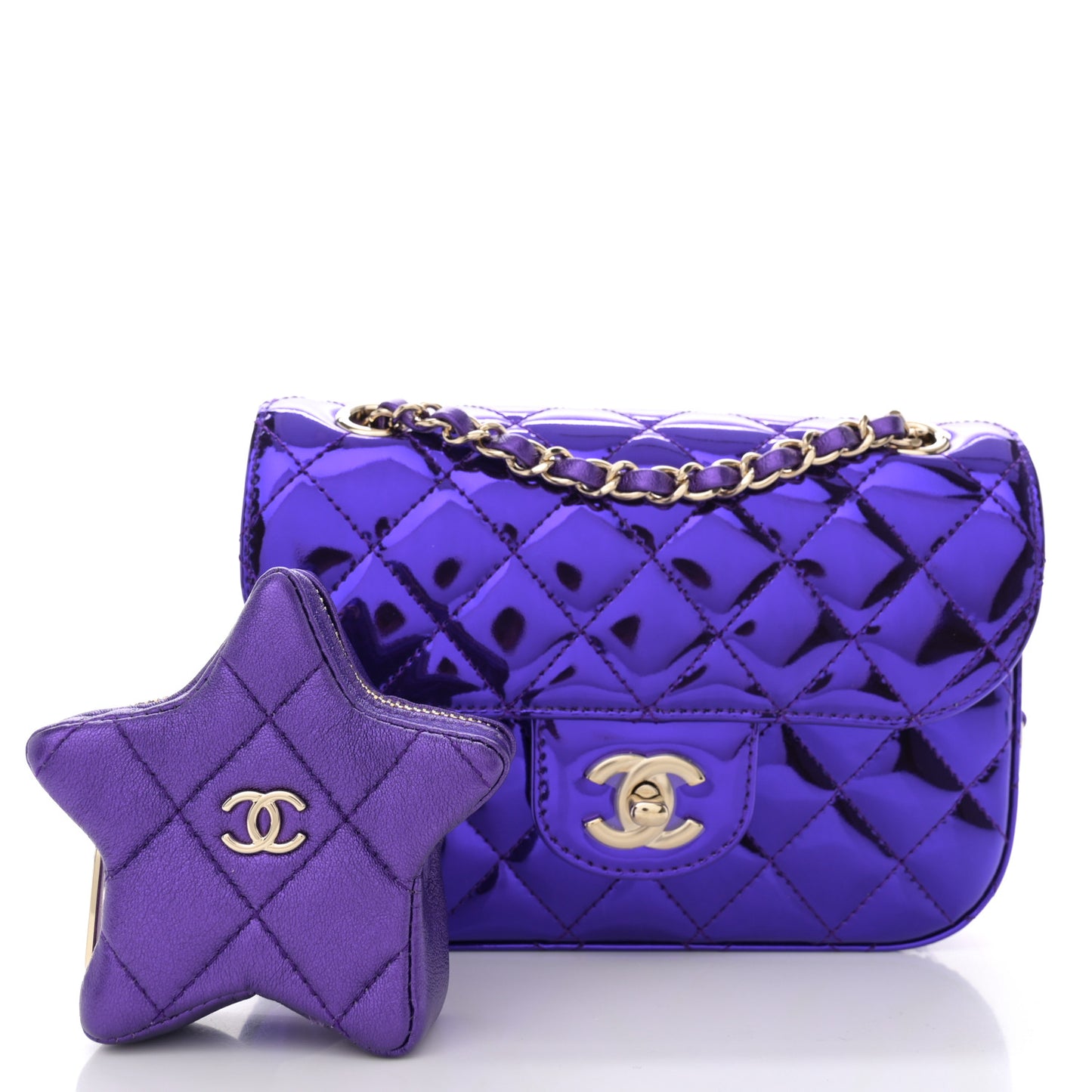 Mirror Calfskin Metallic Calfskin Quilted Hollywood Boulevard Mini Flap With Star Coin Purse Purple
