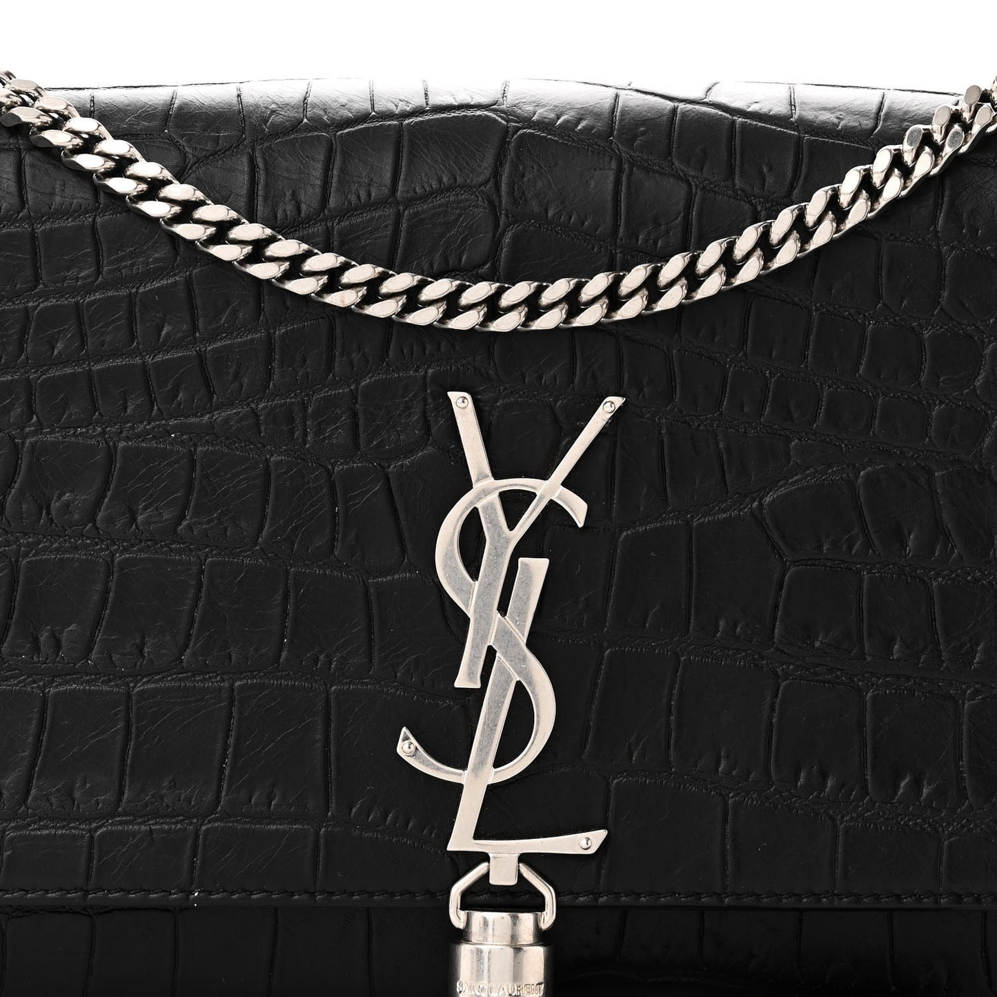 Calfskin Crocodile Embossed Medium Classic Monogram Kate Tassel Satchel Black