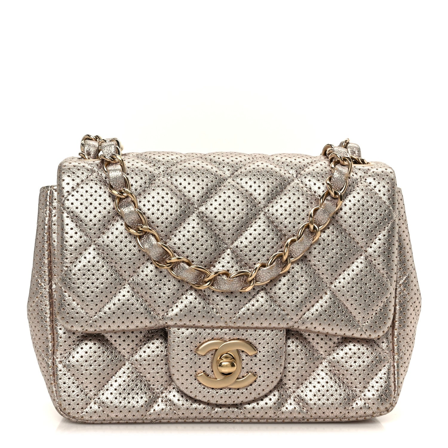 Chanel Metallic Lambskin Perforated Mini Square Flap Light Pink