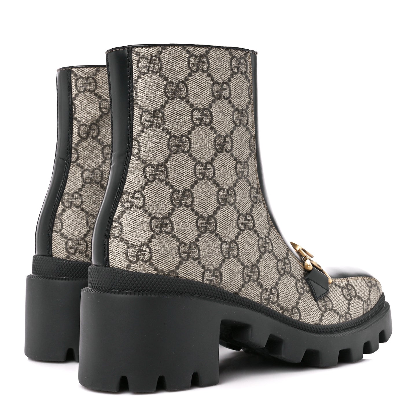 GG Supreme Monogram Magnum Calfskin Interlocking G Womens Lug Sole Ankle Boots 35.5 Beige Ebony Black