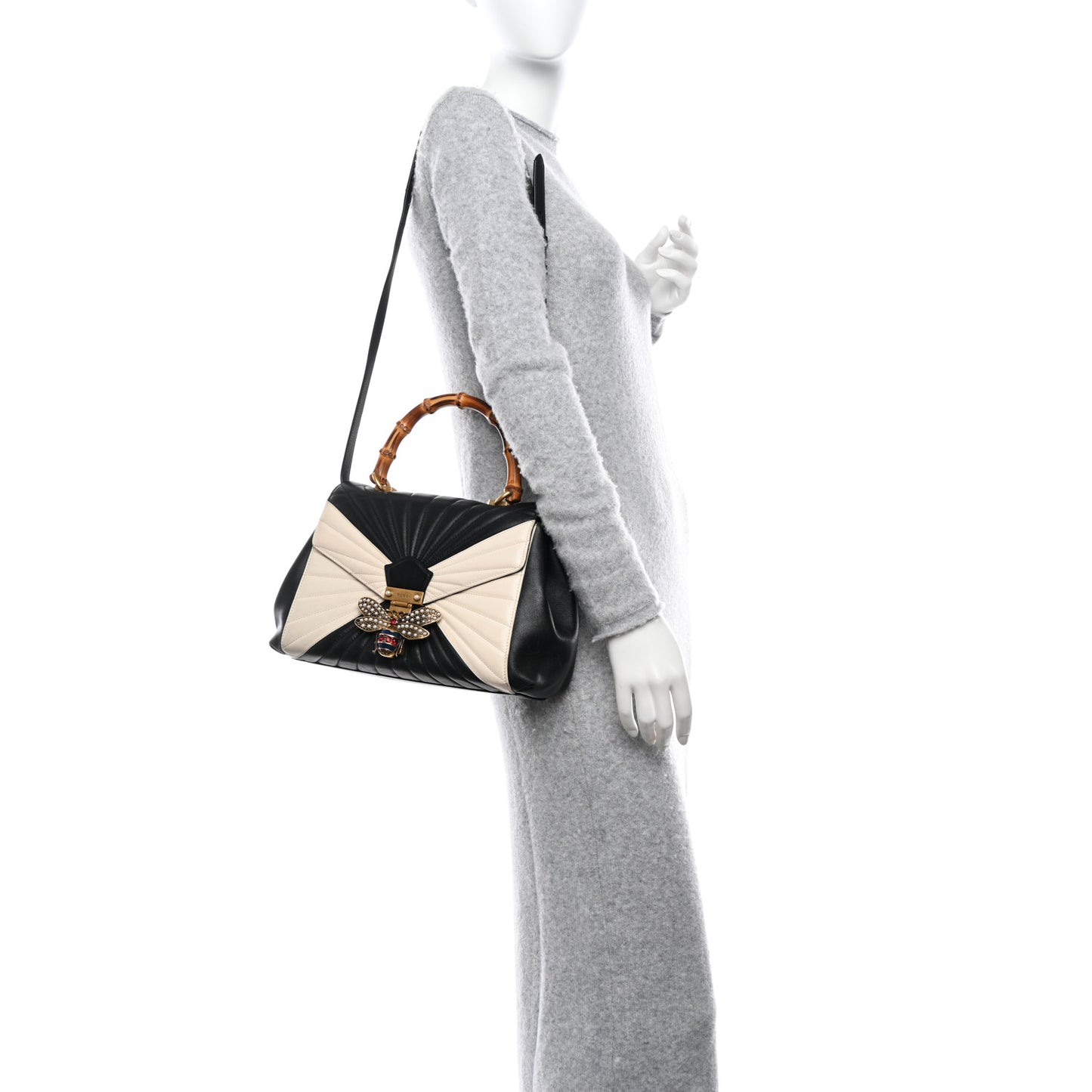 Calfskin Bamboo Trapuntata Queen Margaret Top Handle Bag Mystic White Black