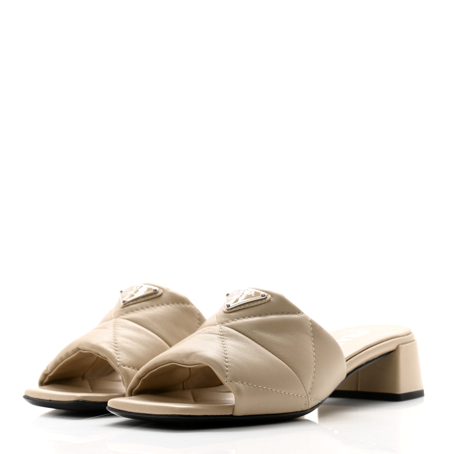 Nappa Logo Quilted Block Heel Slide Sandals 35 Desert