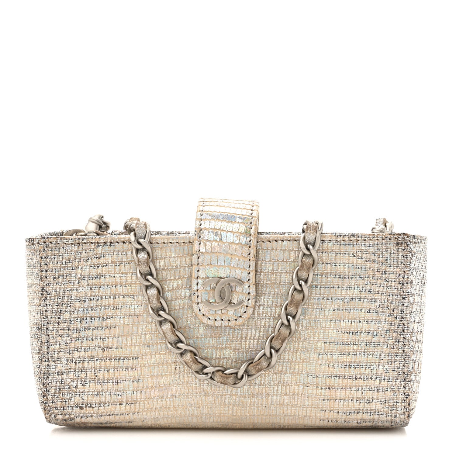 Chanel Iridescent Lizard Phone Holder Crossbody Silver 1724242