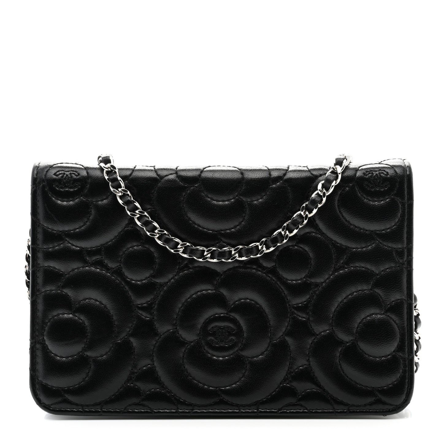 Lambskin Camellia Quilted Wallet On Chain WOC Black