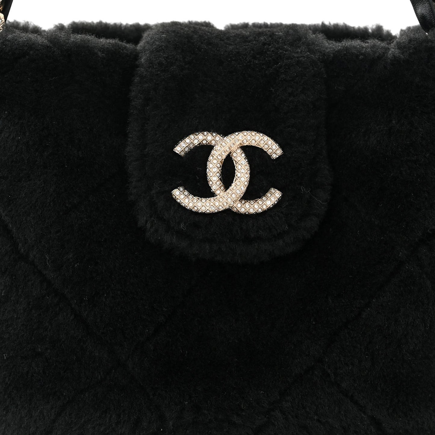 Shearling Lambskin Crystal Strass Flap Black