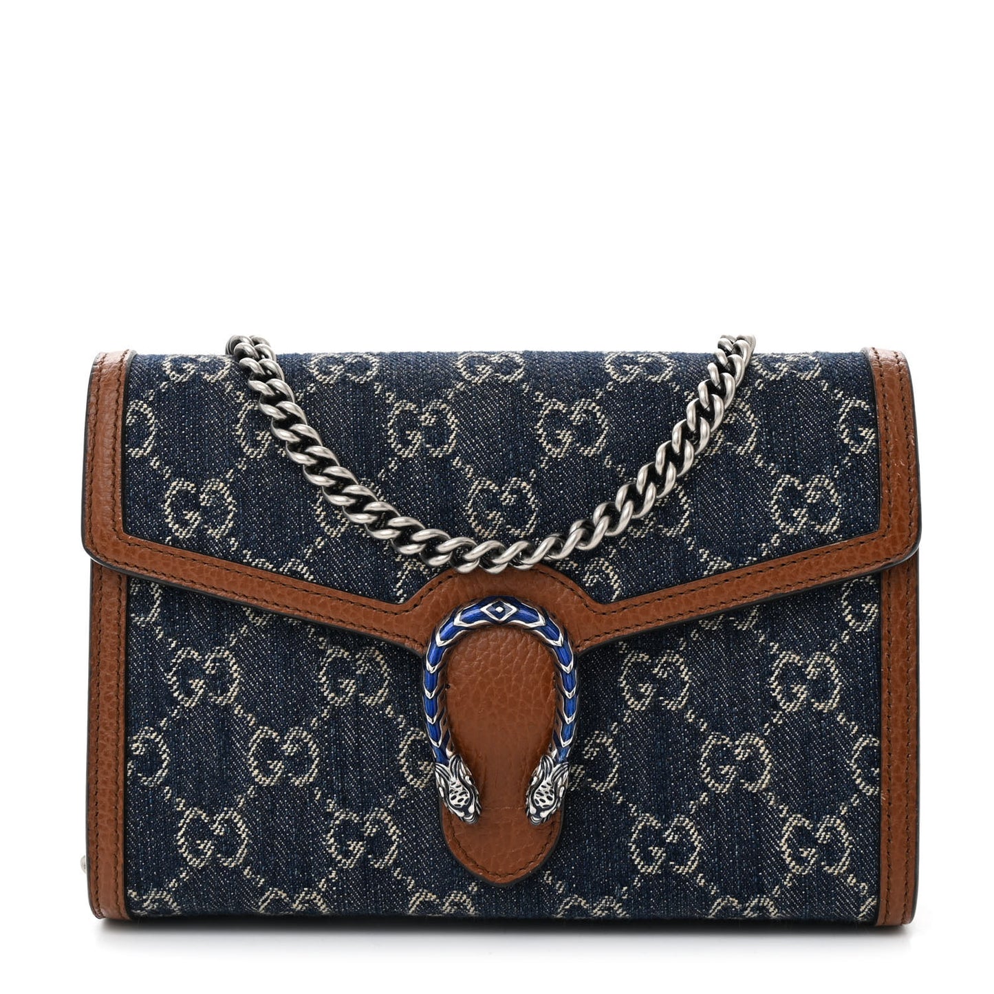 New Denim GG Monogram Dollar Calfskin Enamel Mini Dionysus Chain Wallet Blue Tea Cuir Epilog Electric Blue