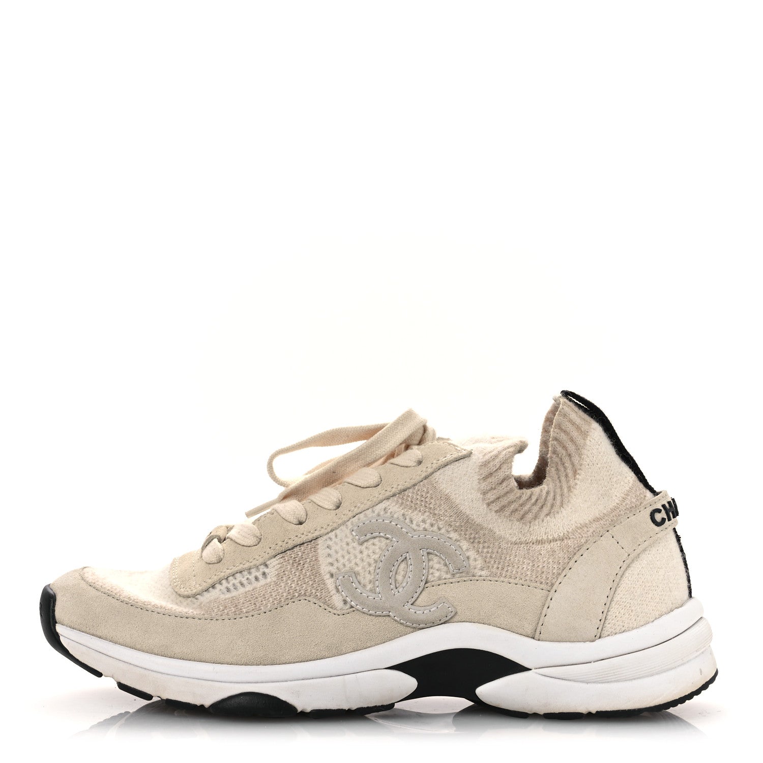 CHANEL スニーカー ニット ベージュ Chanel Knit Fabric Suede Calfskin Womens CC Sneakers 38.5 Ivory