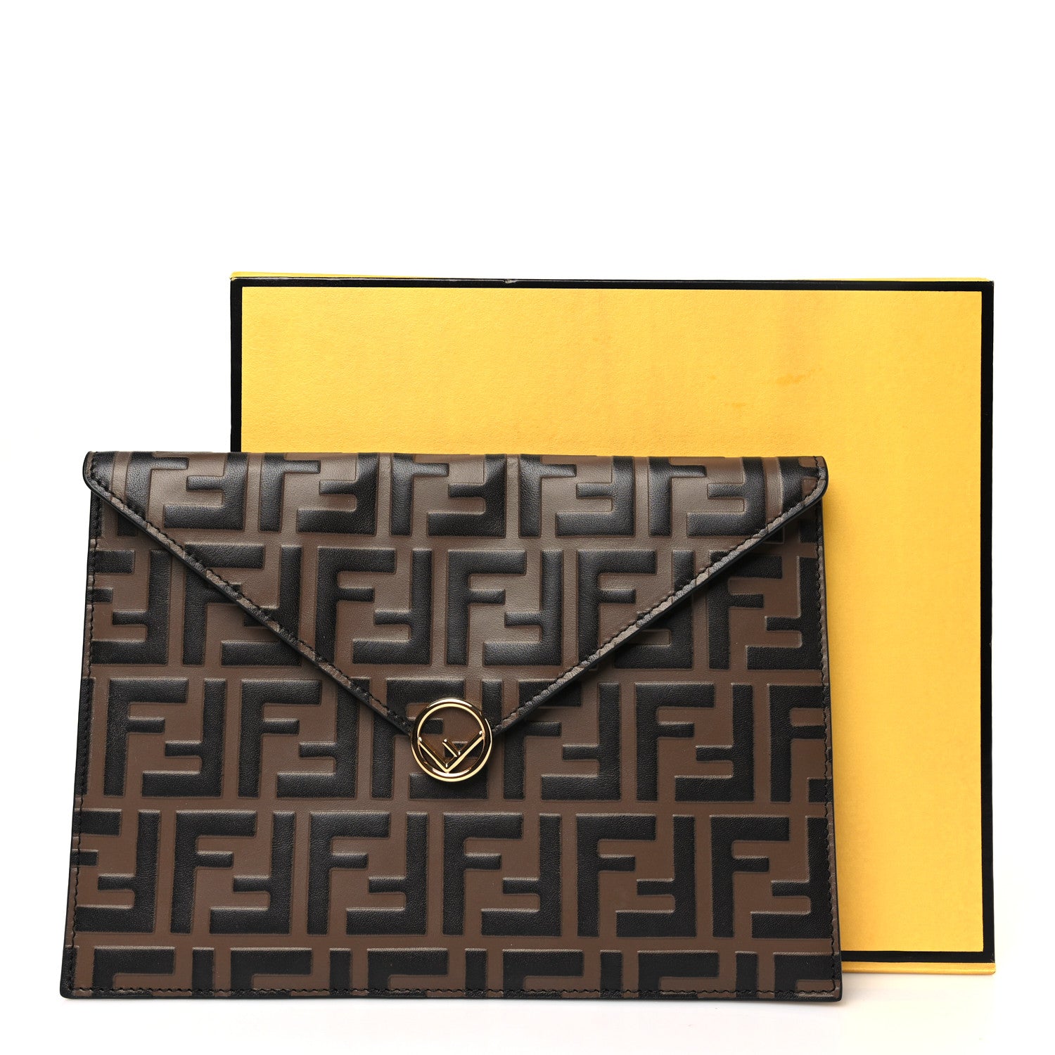 Fendi Vitello Soft F is Fendi Bi-Color FF 1974 Embossed Envelope Pouch Maya Black 9 of 9
