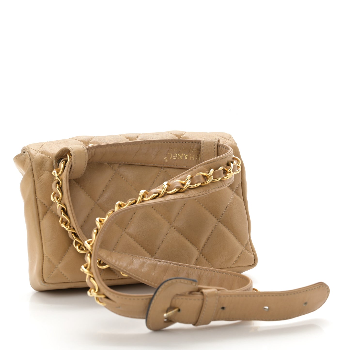 Lambskin Quilted Flap Waist Belt Bag 70 28 Beige