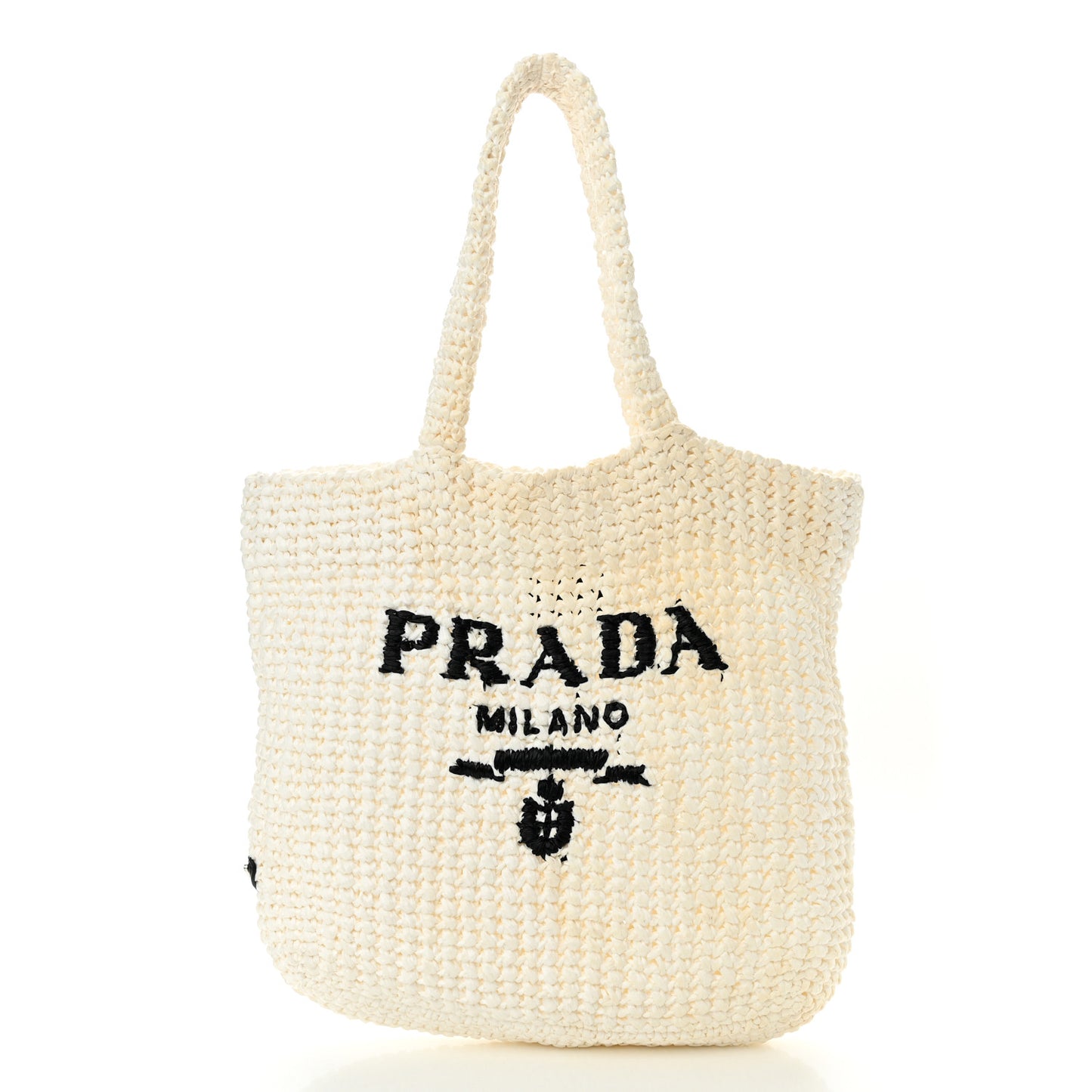 Yarn Raffia Effect Crochet Embroidered Small Logo Tote White