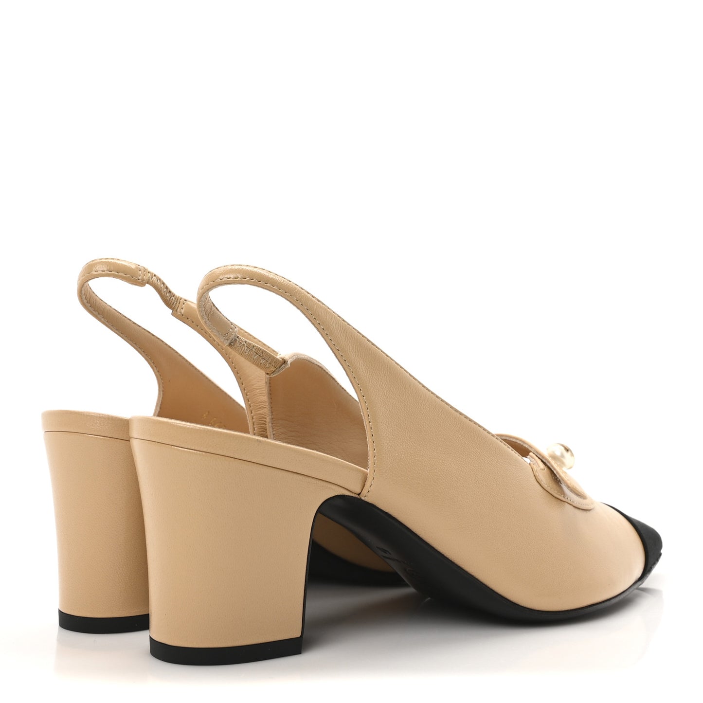 Shiny Lambskin Grosgrain Pointed Toe CC Slingback Pumps 40 Beige Black