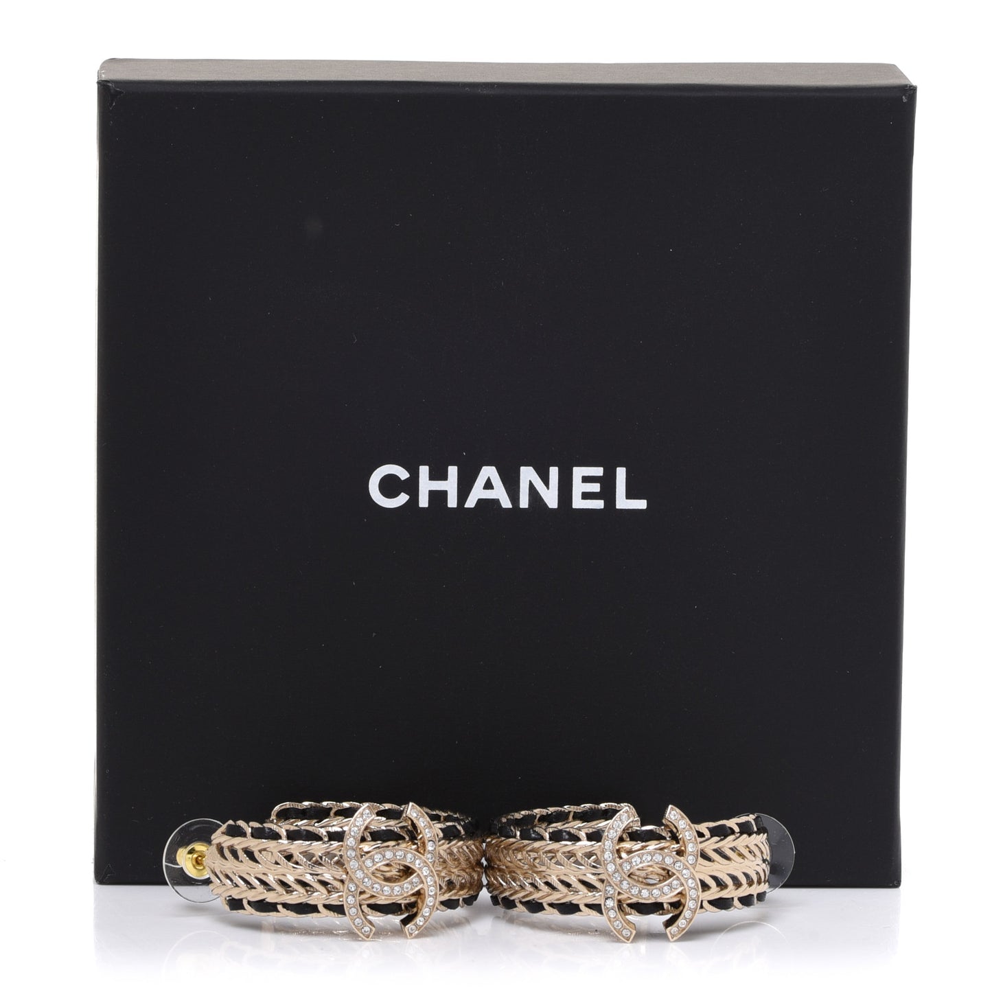Crystal Lambskin CC Chain Hoop Earrings Gold Black
