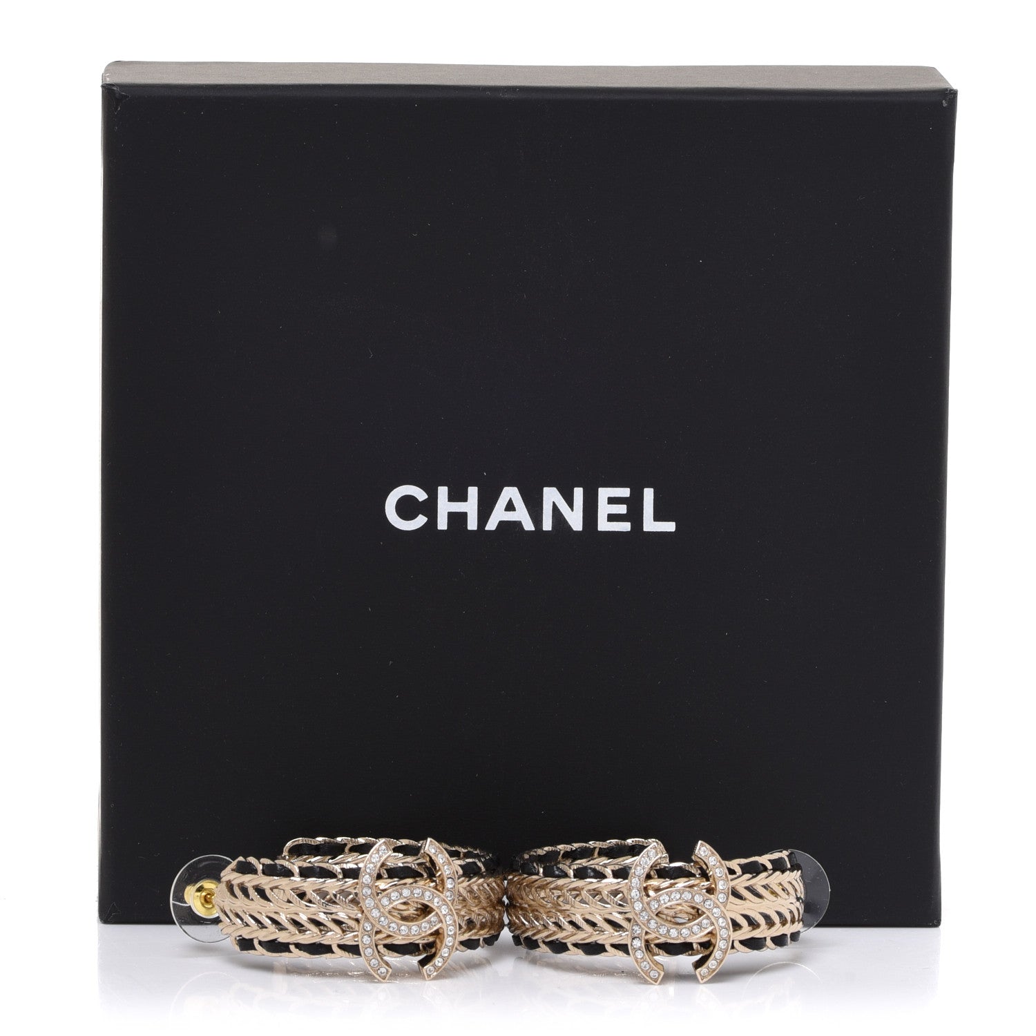 Chanel Crystal Lambskin CC Chain Hoop Earrings Gold Black 5 of 5