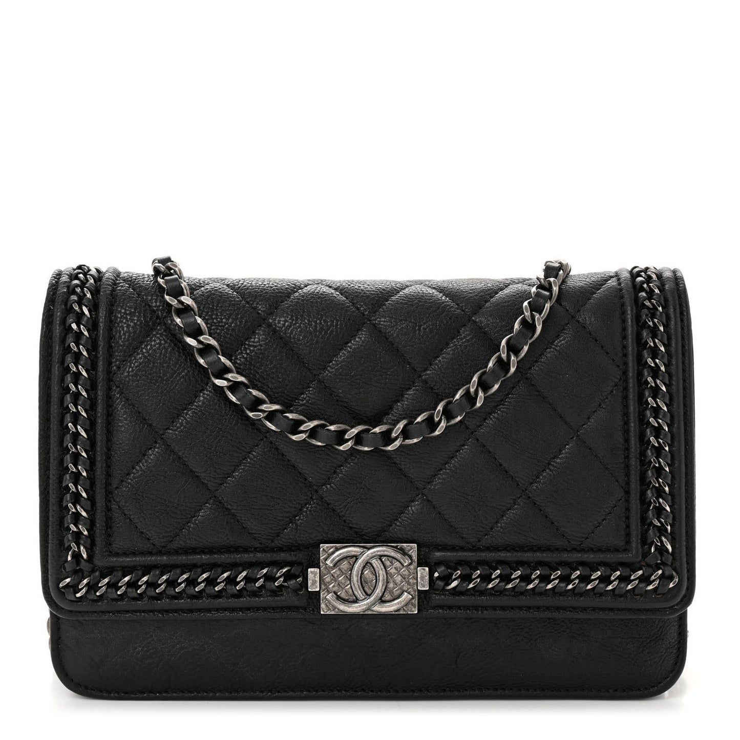 Calfskin Quilted Chain Around Boy Wallet On Chain WOC Black