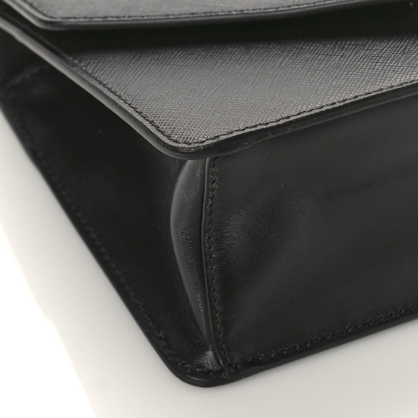 Saffiano Soft Calfskin Metal Triangle Logo Envelope Chain Shoulder Bag Black