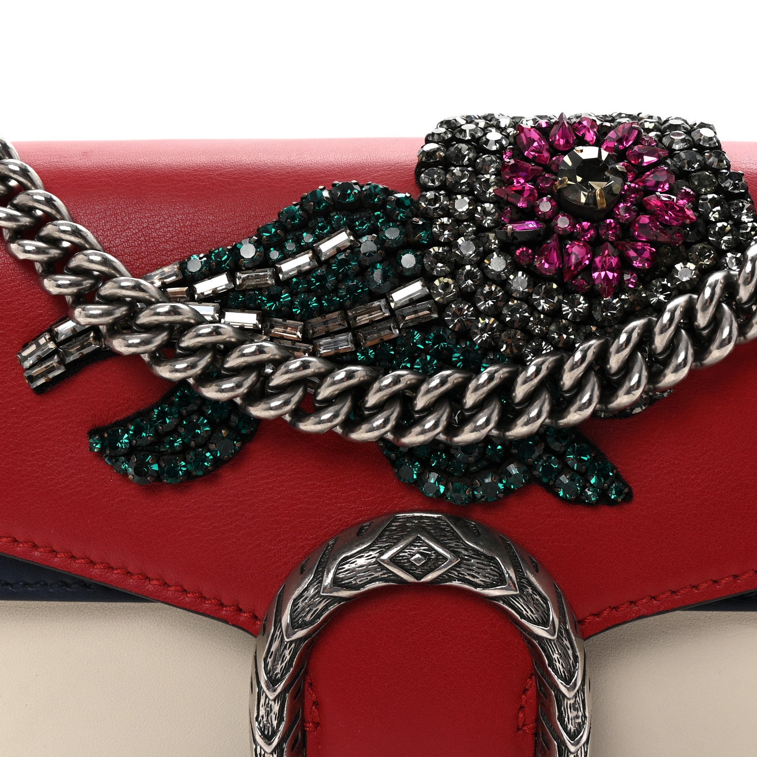 Gucci Azalea Calfskin Tri-Color Crystal Embellished Small Dionysus Shoulder Bag Mystic White Hibiscus Red Navy 8 of 10
