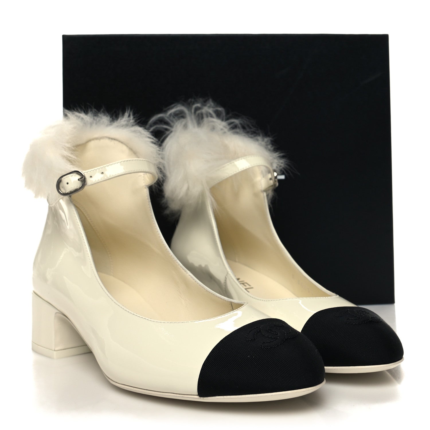 Chanel Patent Shearling Lambskin Grosgrain Cap Toe Mary Jane Low Heel Pumps 39 White Black 9 of 9