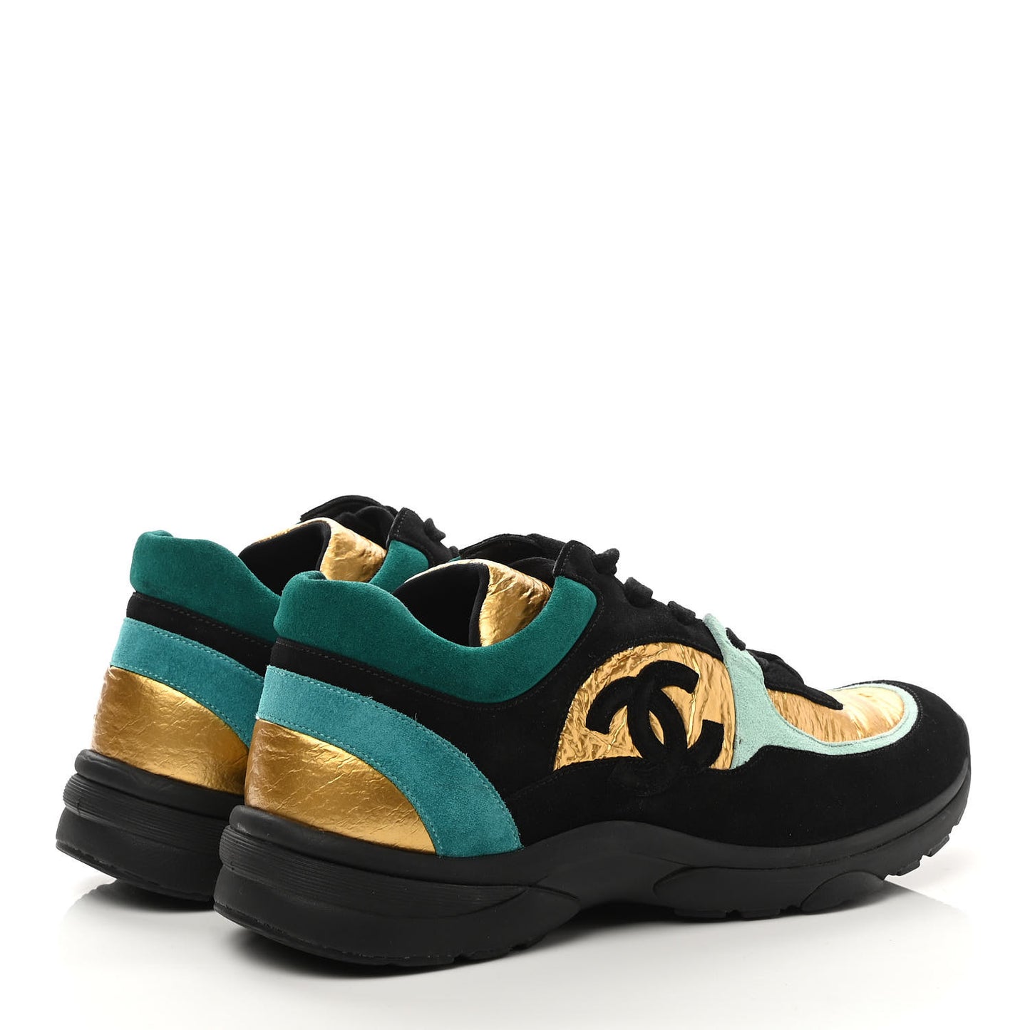 Fabric Calfskin Suede CC Womens Sneakers 40.5 Black Turquoise Gold