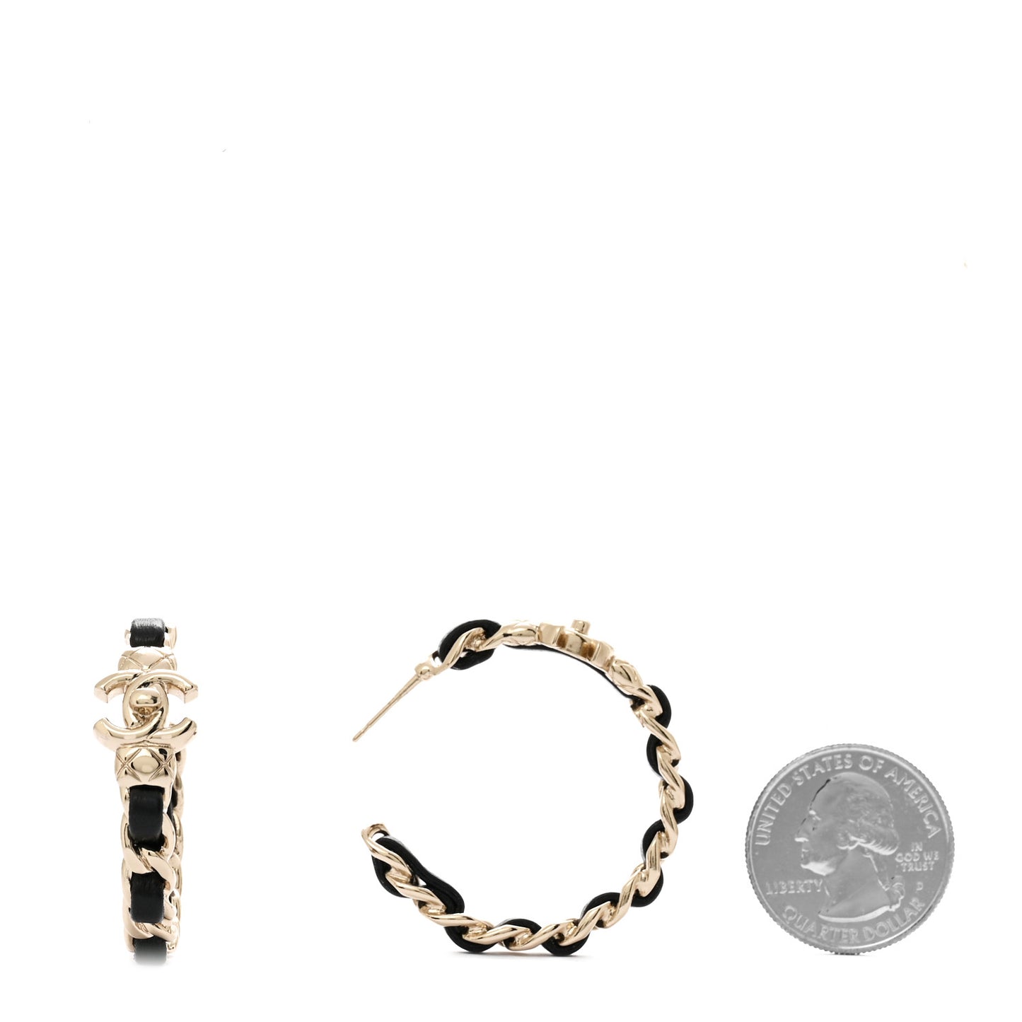 Metal Lambskin Quilted CC Turnlock Chain Hoop Earrings Gold Black