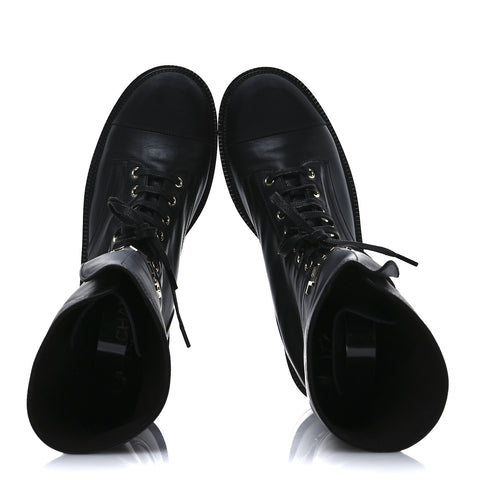 Shiny Calfskin Lace Up Combat Boots 40 Black