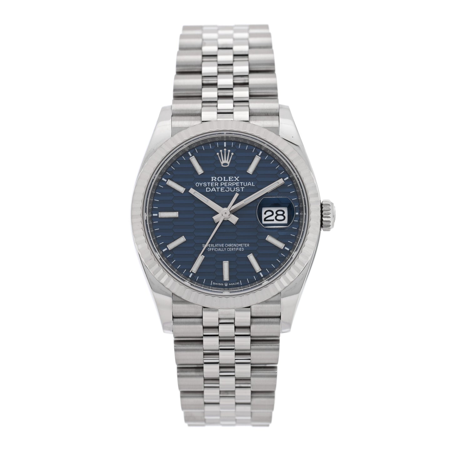 Stainless Steel 18K White Gold 36mm Oyster Perpetual Datejust Watch Blue Fluted 126234