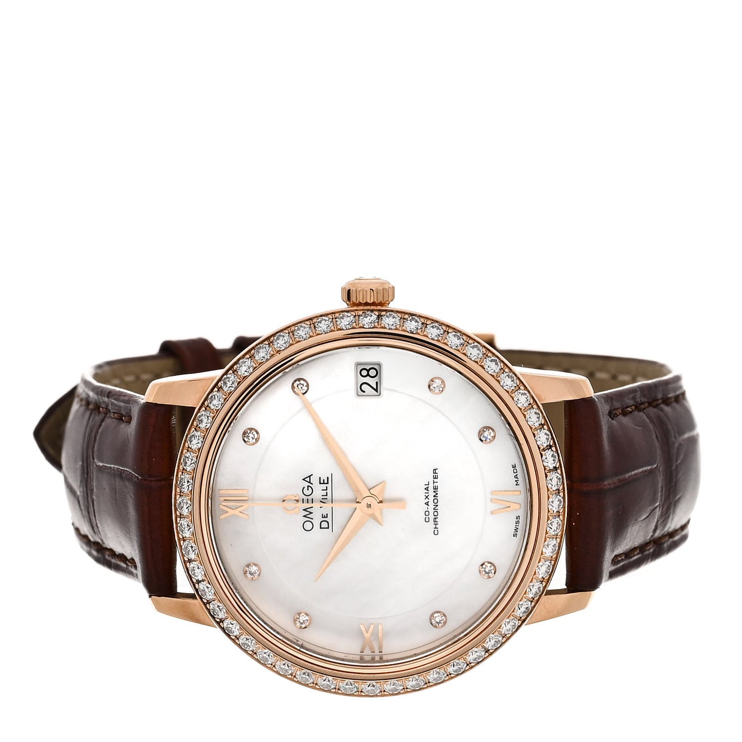 18K Rose Gold Alligator Diamond Mother of Pearl 32mm De Ville Prestige Co-Axial Automatic Watch 424.58.33.20.55.002