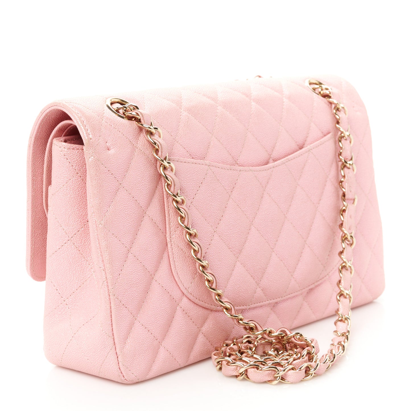 Iridescent Caviar Quilted Medium Double Flap Rose Pink