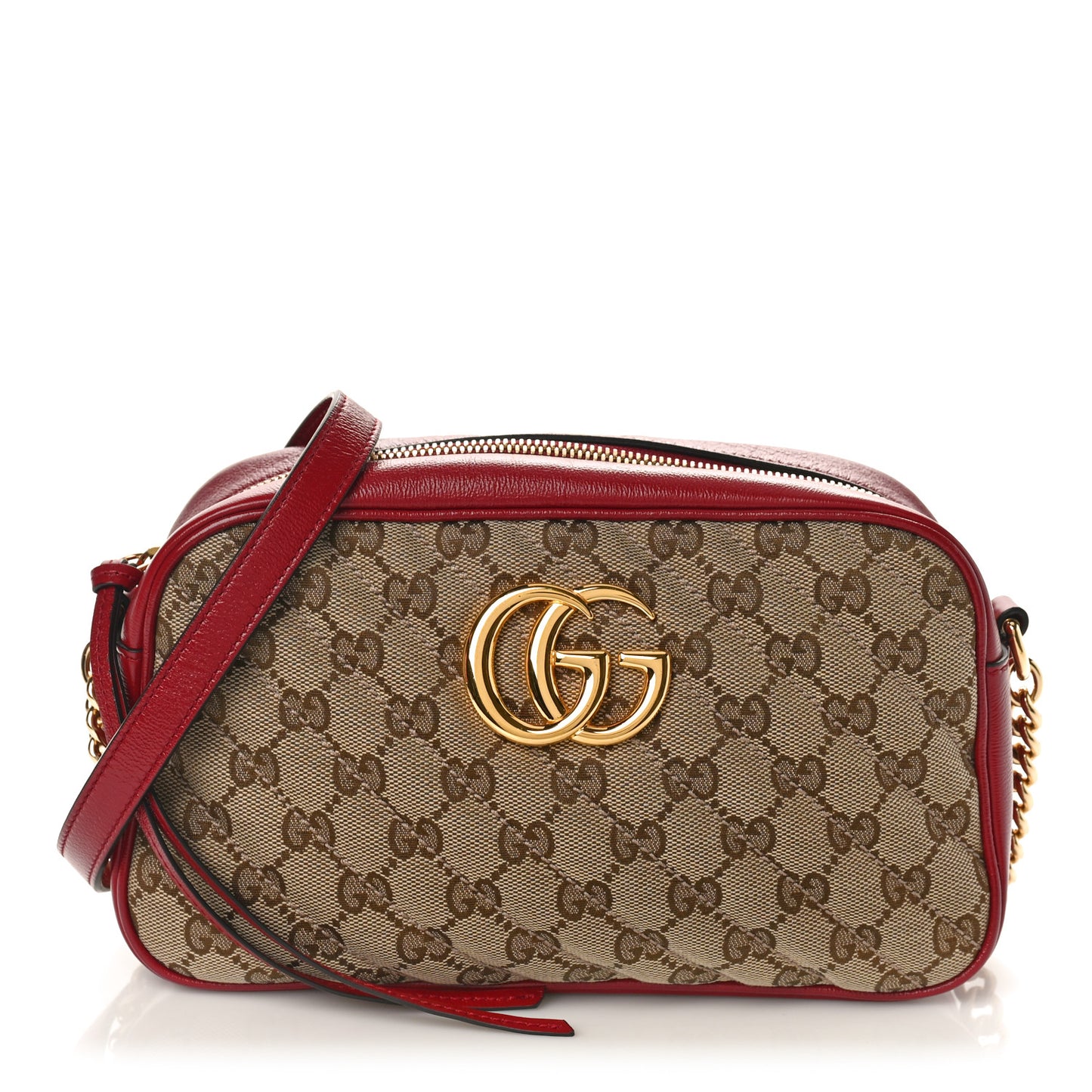 Monogram Azalea Calfskin Matelasse Diagonal Small GG Marmont Chain Shoulder Bag Beige Ebony New Cherry Red