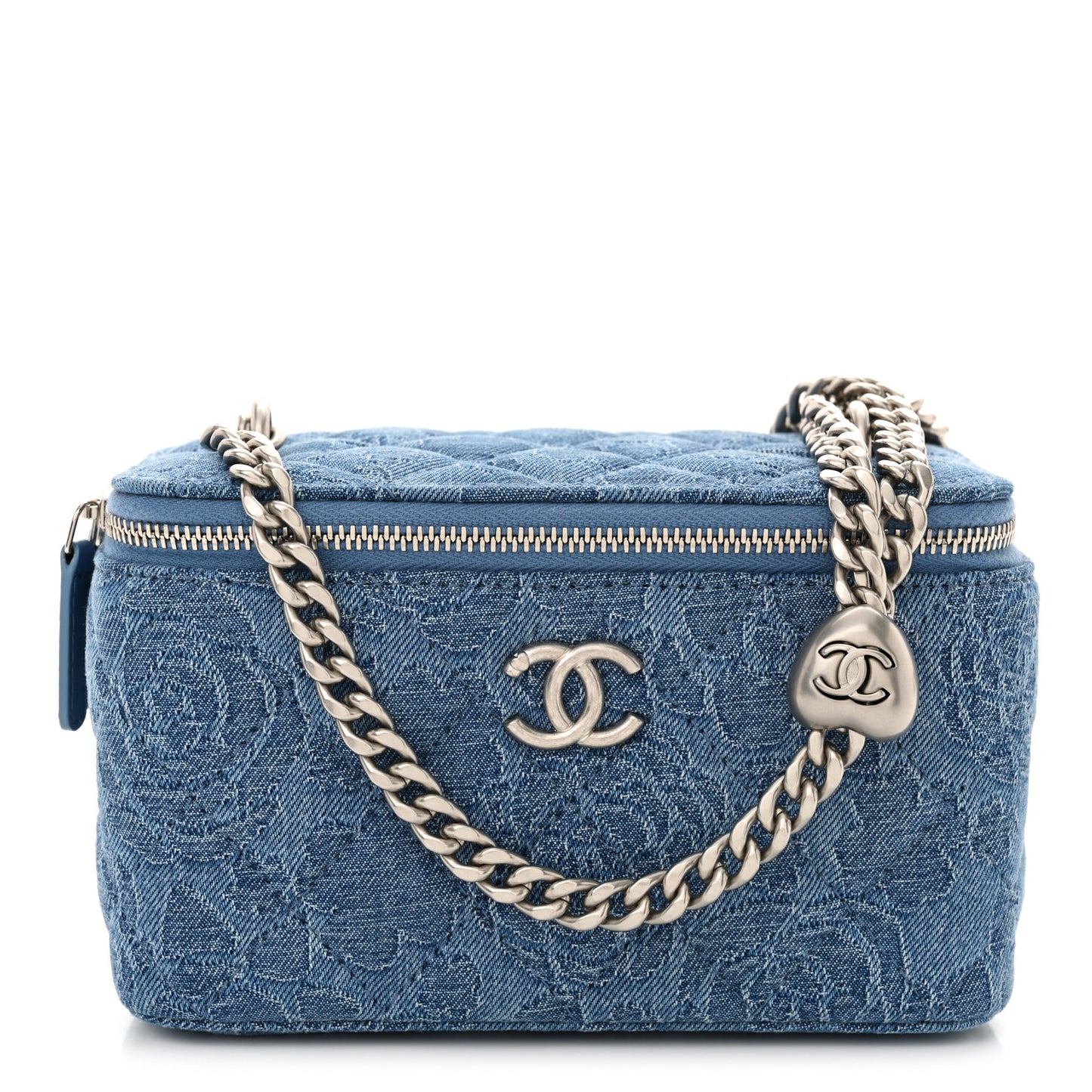 Denim Quilted Sweetheart Small Vanity Case With Chain Blue