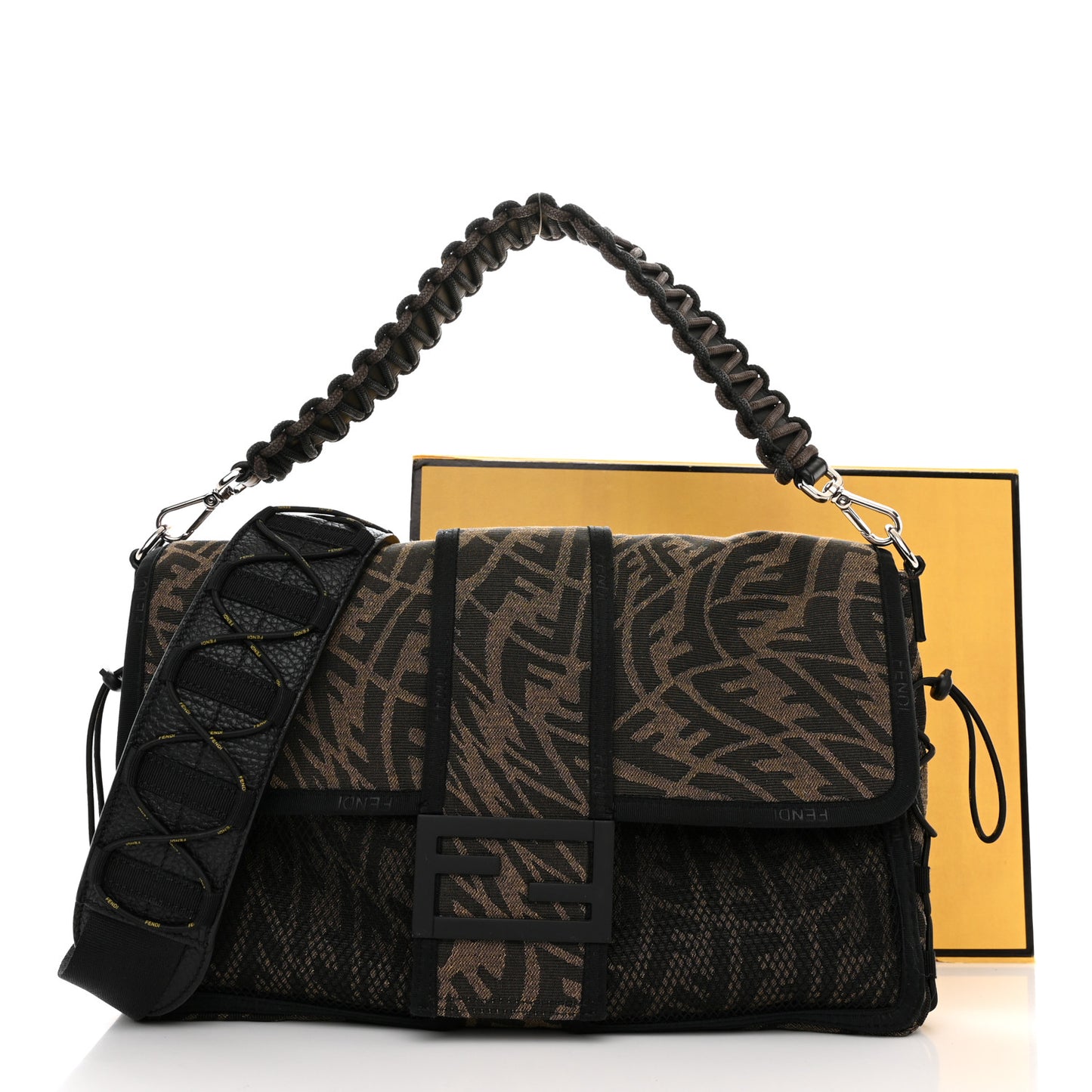 X SARAH COLEMAN Fabric Jacquard Vitello Grace FF Vertigo Woven Lanyard Large Baguette Tobacco Moro Black