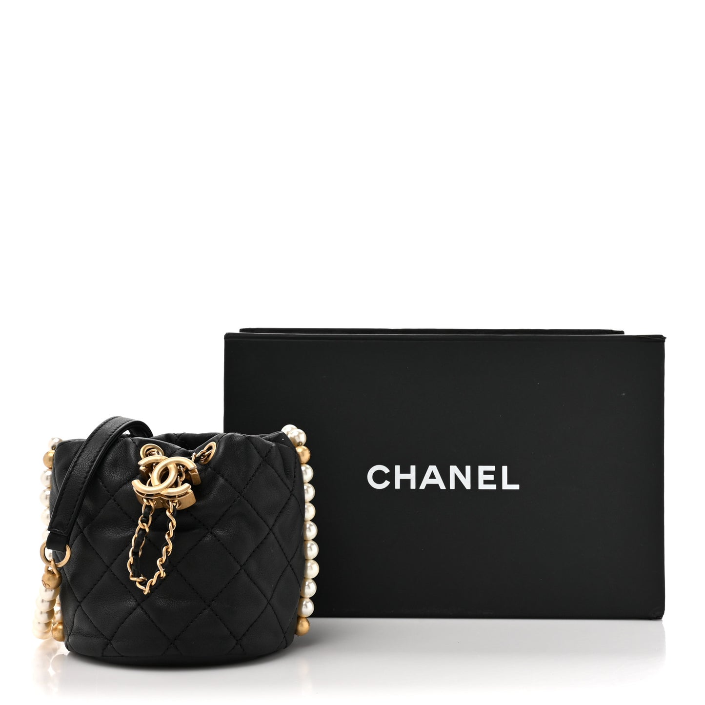 Calfskin Quilted Pearl Mini About Pearls Drawstring Bucket Bag Black