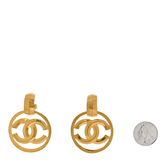 Metal Round CC Drop Clip On Earrings Gold