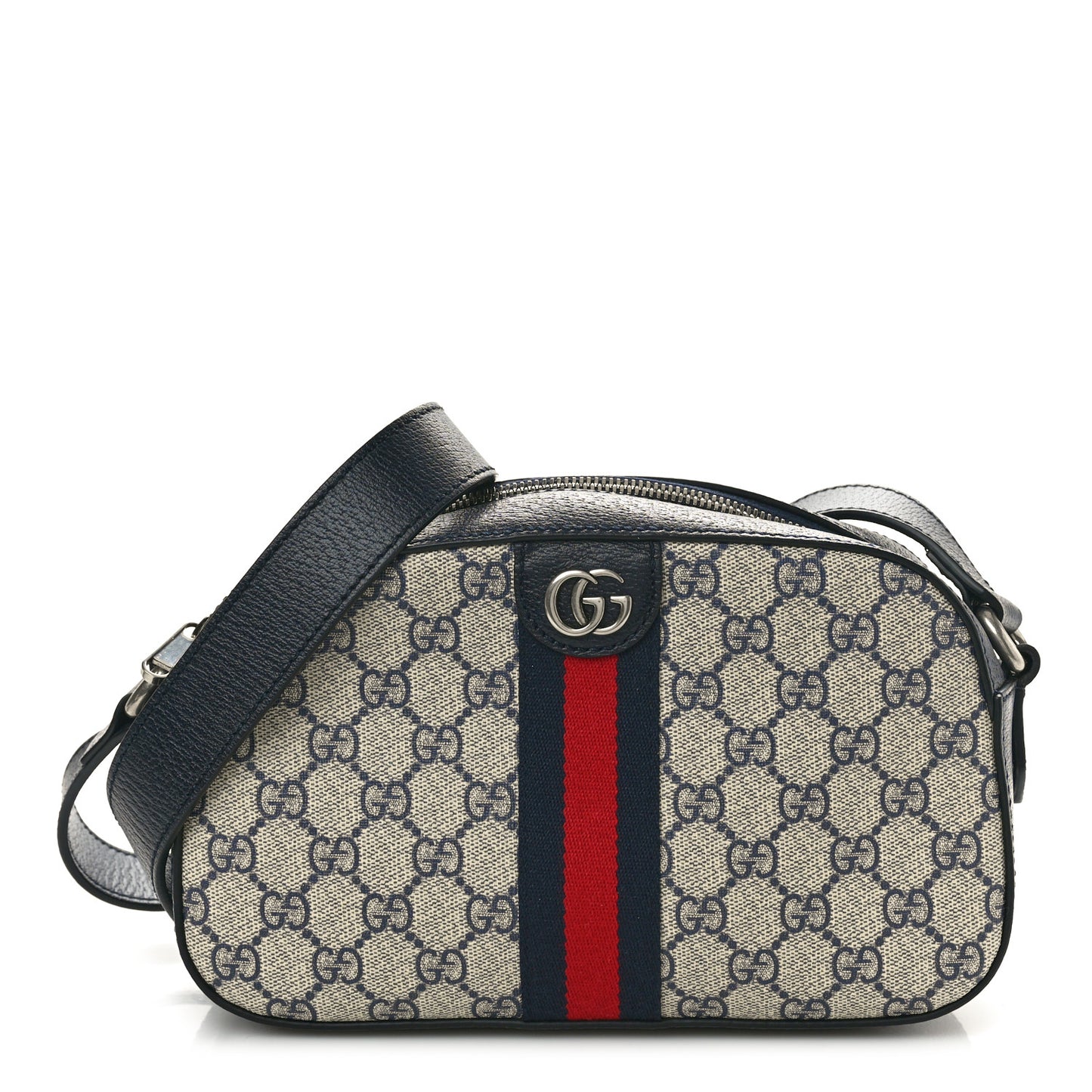 GG Supreme Monogram Textured Dollar Calfskin Web Small Ophidia Camera Bag Beige Blue