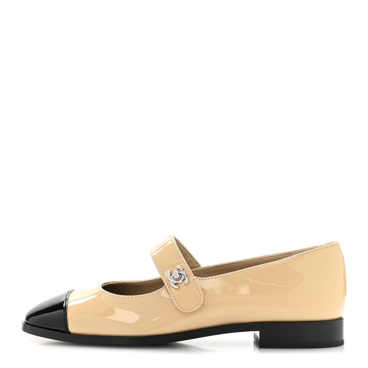 Chanel Patent Calfskin Mary Janes Flats 37 Beige Black 1723074