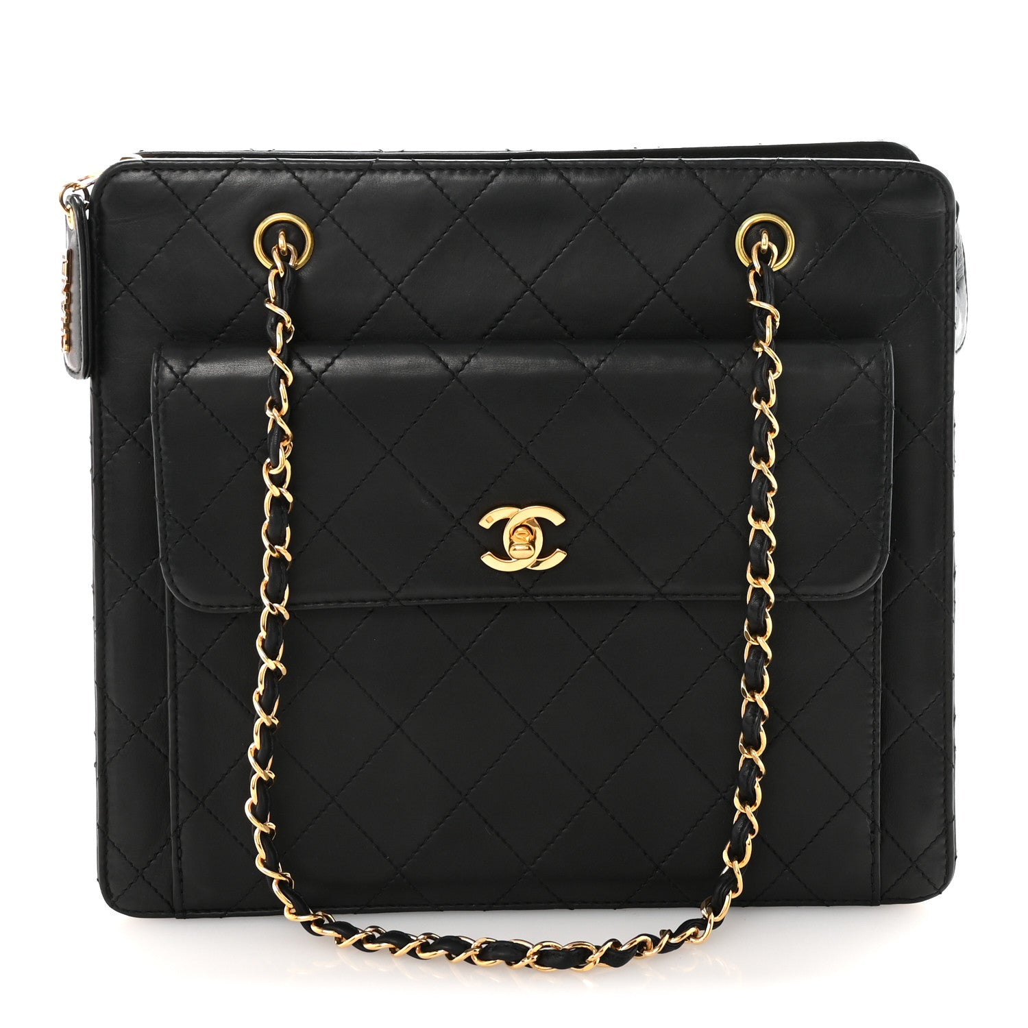 Chanel Lambskin Quilted CC Front Pocket Shopping Tote Black