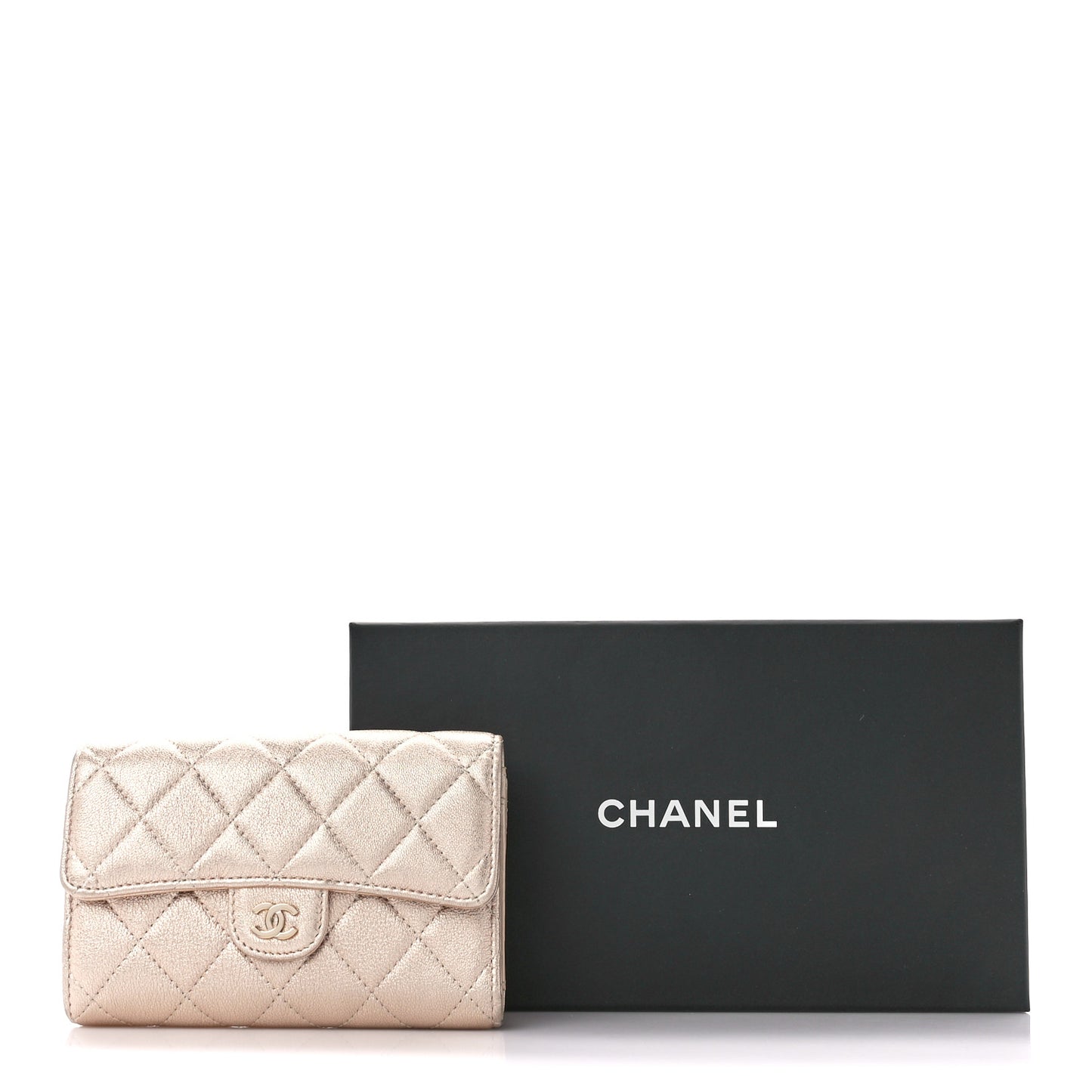 Metallic Lambskin Quilted Medium Flap Wallet Gold