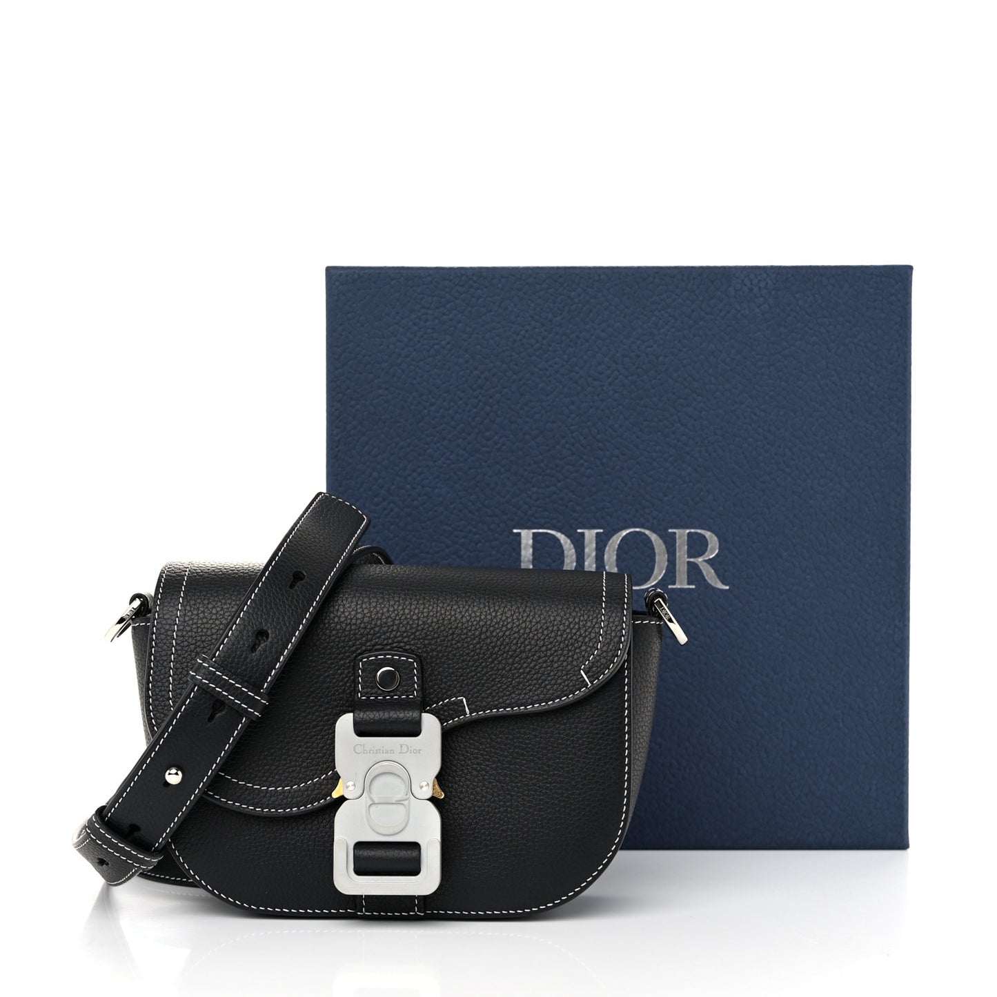 Grained Calfskin Saddle Messenger Bag With Strap Black