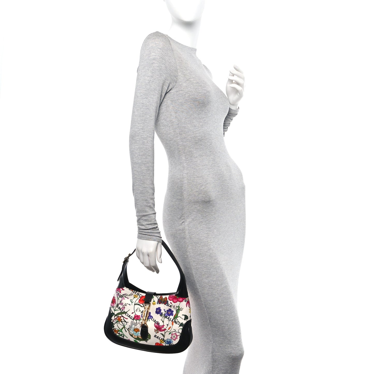 X BALENCIAGA Canvas Boarded Pluton Calfskin Flora Logo Print Small Jackie 1961 Hobo White Multicolor Black