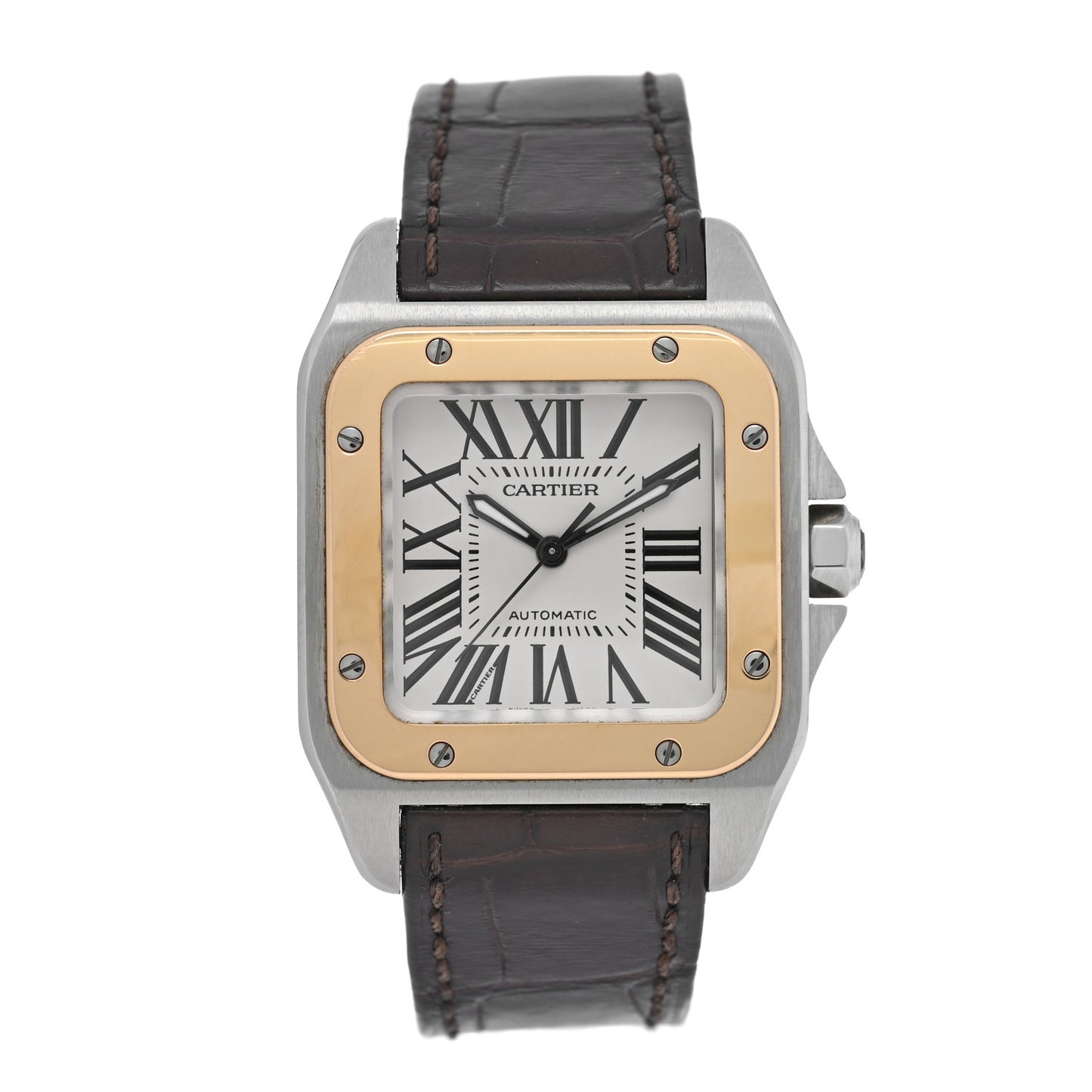 Stainless Steel 18K Yellow Gold 33mm Santos 100 Automatic Watch Brown