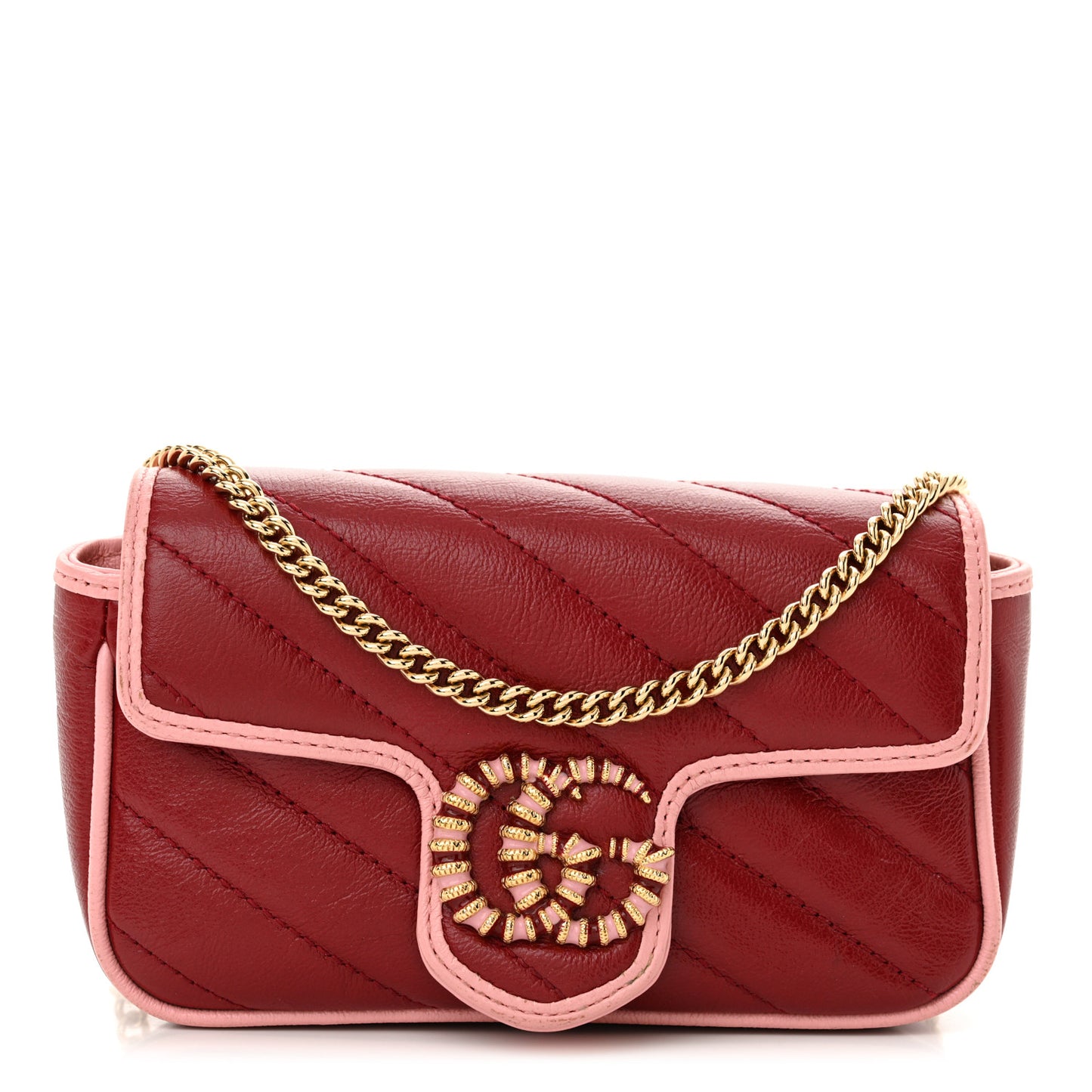 Azalea Calfskin Enamel Matelasse Diagonal Super Mini Torchon GG Marmont Shoulder Bag New Cherry Red Wild Rose