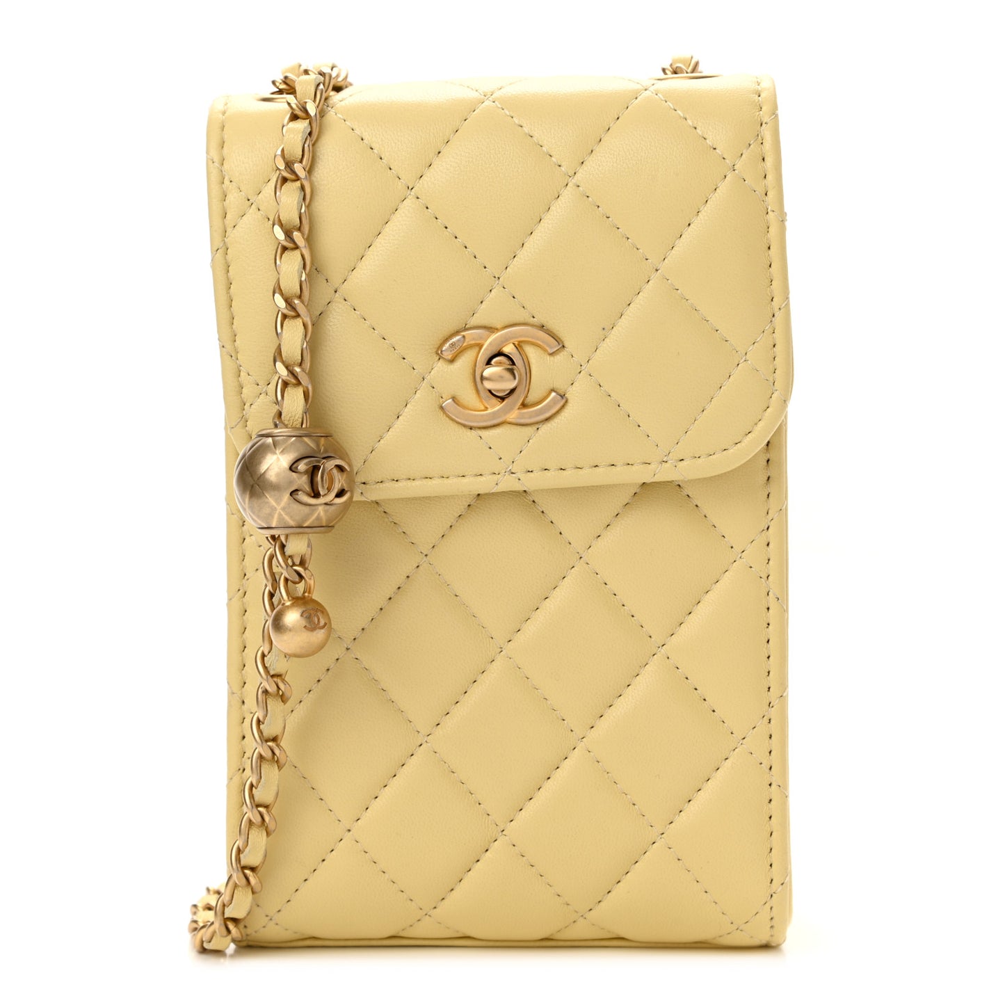 Lambskin Quilted Pearl Crush Phone Holder With Chain Yellow